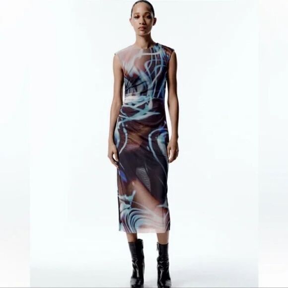 Zara blue blend PRINTED TULLE DRESS ZARA - Picture 5 of 16